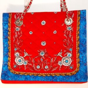 Diane Gilman Women's Satchel Silk Shoulder Bag Red Blue Change Purse NWOT